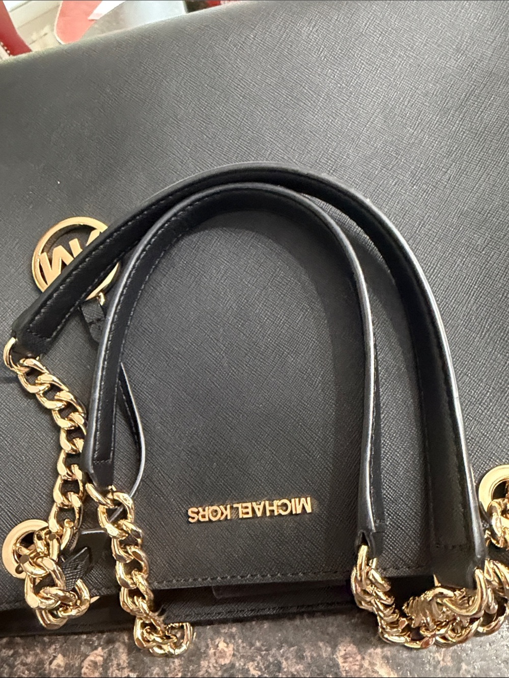 Michael Kors Black Leather Tote with Gold Chain Straps - Picture 6 of 11